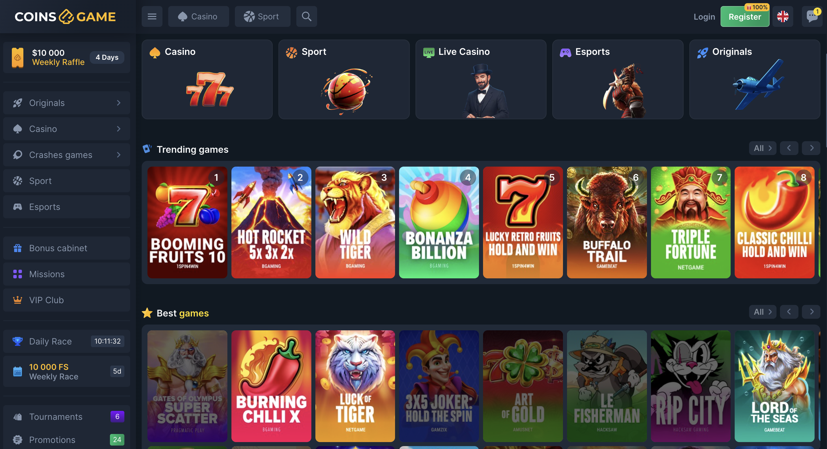 Coins.Game Casino-Lobby — Slots, Originals und Live-Dealer-Spiele