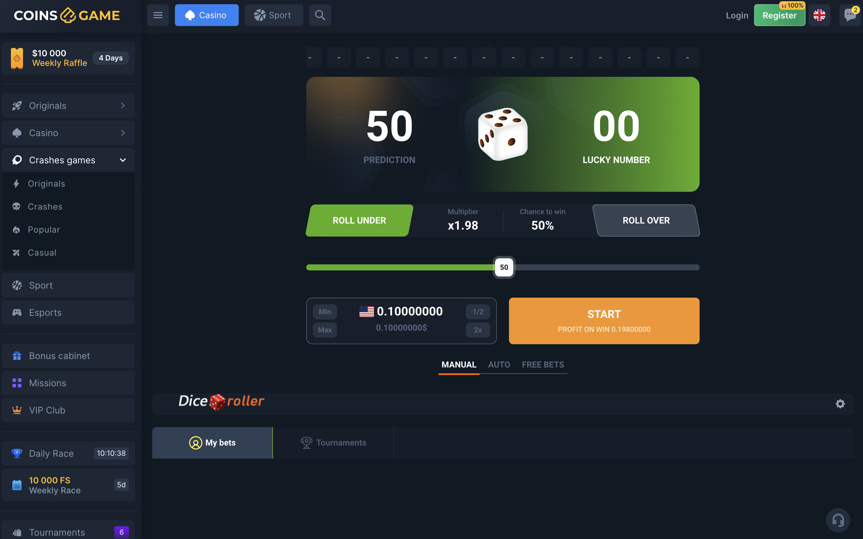 Coins.Game Dice Roller Spieloberfläche — mobiles Design