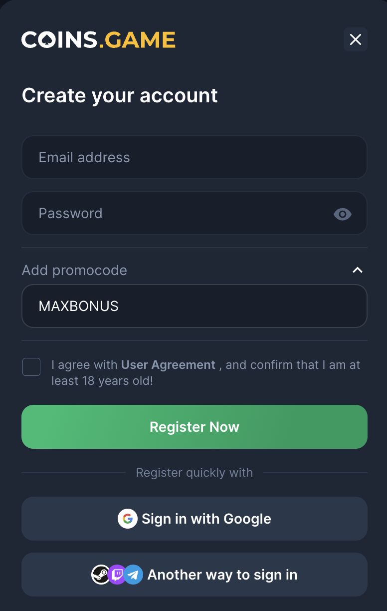 Coins.Game Registrierungsformular mit MAXBONUS Aktionscode-Feld